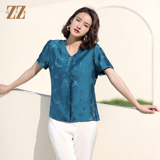 佐尔美2022夏季新款 桑蚕丝真丝纯色提花缎衬衫女E12CS70 商品图0
