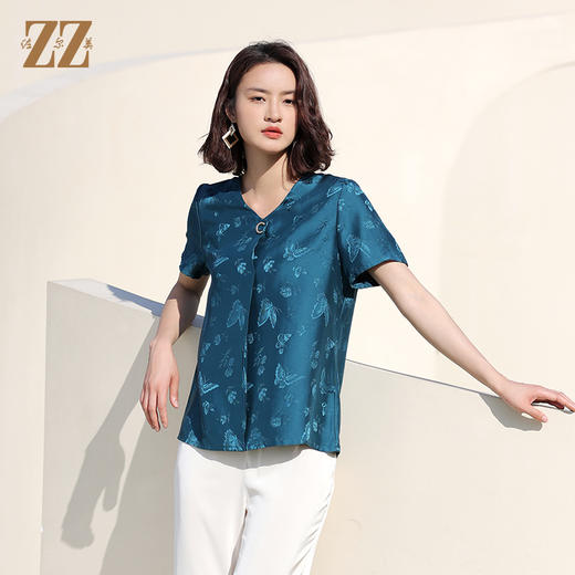 佐尔美2022夏季新款 桑蚕丝真丝纯色提花缎衬衫女E12CS70 商品图2