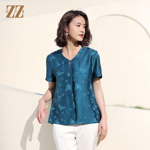 佐尔美2022夏季新款 桑蚕丝真丝纯色提花缎衬衫女E12CS70 商品图3