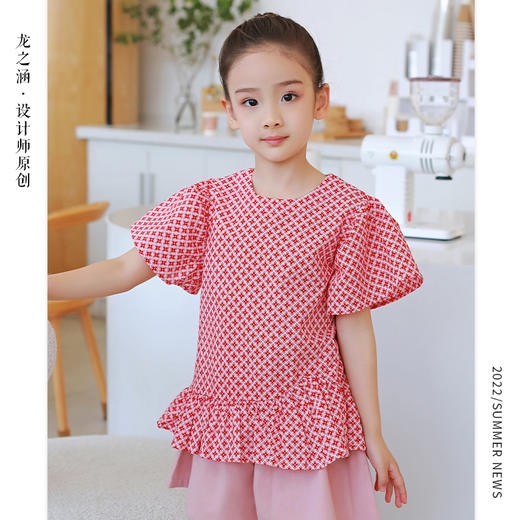 【设计师款蓬蓬袖】龙之涵荷叶摆蓬蓬袖短袖上衣  高支盐缩工艺 全棉 女童荷叶摆短袖上衣 商品图0