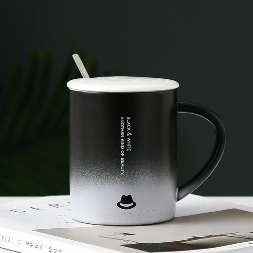 恒度马克杯欧式渐变杯HD-3149陶瓷杯带盖带勺办公室马克杯家用喝水杯子早餐杯男女茶杯情侣杯子 商品图0