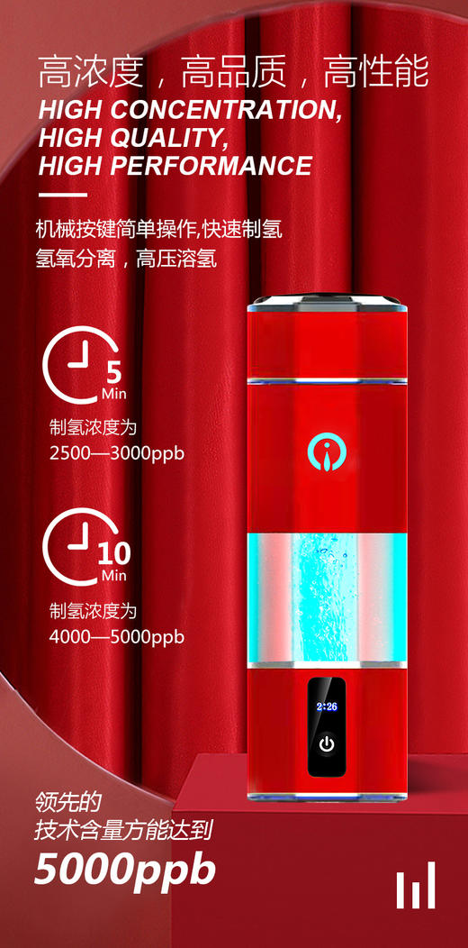 中氢预健GH-8高浓度富氢水杯快速制氢氢氧分离USB充电大容量5000ppb氢浓度1只 商品图1