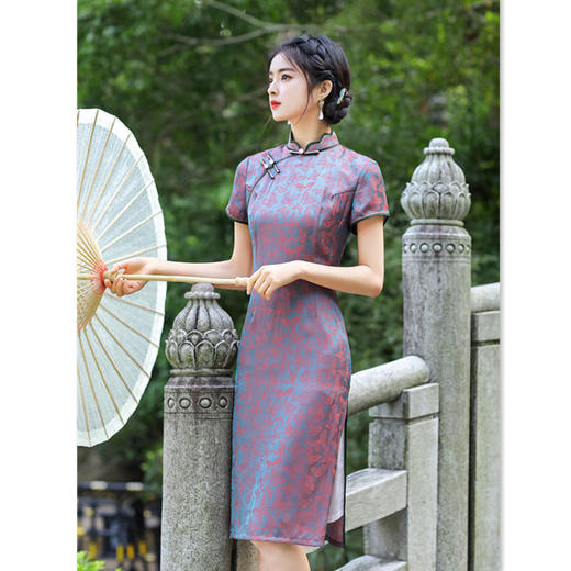 SKY 901074丝绸提花中长款名族风旗袍裙 商品图1