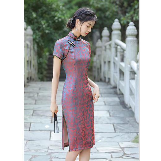 SKY 901074丝绸提花中长款名族风旗袍裙 商品图0