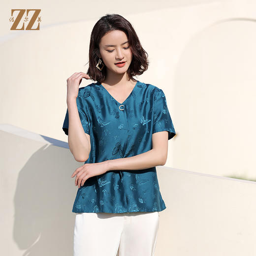 佐尔美2022夏季新款 桑蚕丝真丝纯色提花缎衬衫女E12CS70 商品图1
