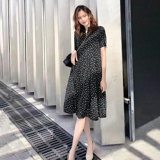 皮皮狗桑蚕丝翻领印花连衣裙2115220130 商品图0