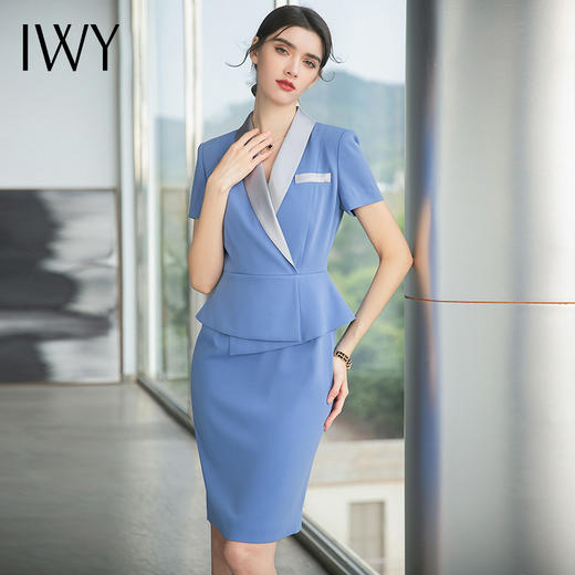 IWY/蓝色缎面拼接都市时尚设计感职业女士西装连衣裙白领工作服上班职业装Q690 商品图2