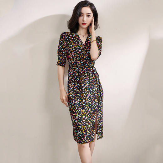 夏季新品碎花V领真丝开叉裙复古优雅短袖连衣裙 商品图1