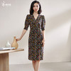 夏季新品碎花V领真丝开叉裙复古优雅短袖连衣裙 商品缩略图0