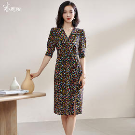 夏季新品碎花V领真丝开叉裙复古优雅短袖连衣裙