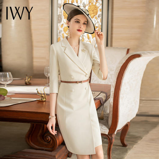 IWY/IWY杏色西装连衣裙七分袖医美服装职业裙子英伦风气质女神范工装Q676 商品图4