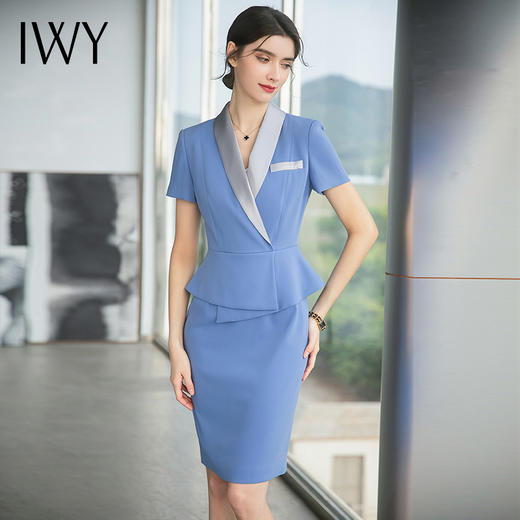 IWY/蓝色缎面拼接都市时尚设计感职业女士西装连衣裙白领工作服上班职业装Q690 商品图4