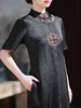 新款仿丝绸中长款遮肉A字版黑色黑色绣花改良旗袍裙 XL651 商品缩略图4