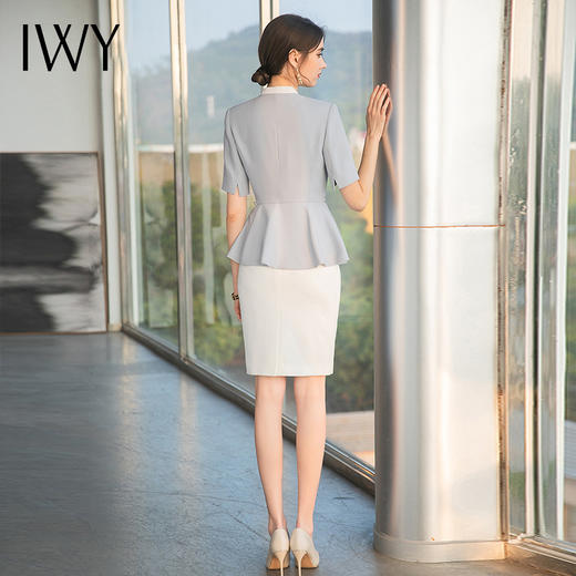 IWY/雾霾蓝色上衣白色半裙都市时尚设计感职业女士西装套装套裙工作服上班职业装C1544+S1542 商品图3