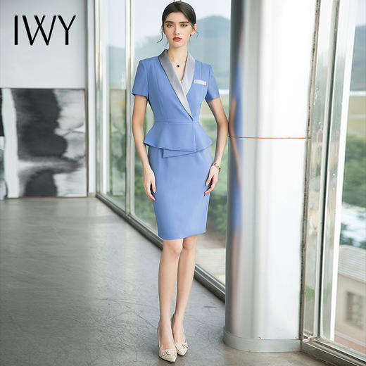 IWY/蓝色缎面拼接都市时尚设计感职业女士西装连衣裙白领工作服上班职业装Q690 商品图0
