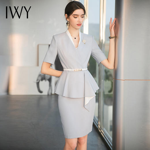 IWY/雾霾蓝色都市时尚设计感职业女士西装套装套裙工作服上班职业装CS1544 商品图2