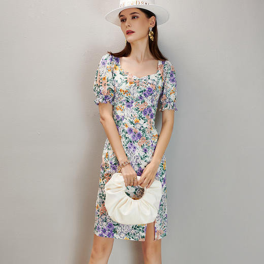 剩M/L 芳外印花醒肤色新款收腰印花减龄短袖A字连衣裙 商品图2
