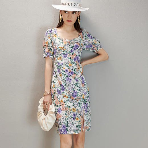 剩M/L 芳外印花醒肤色新款收腰印花减龄短袖A字连衣裙 商品图0