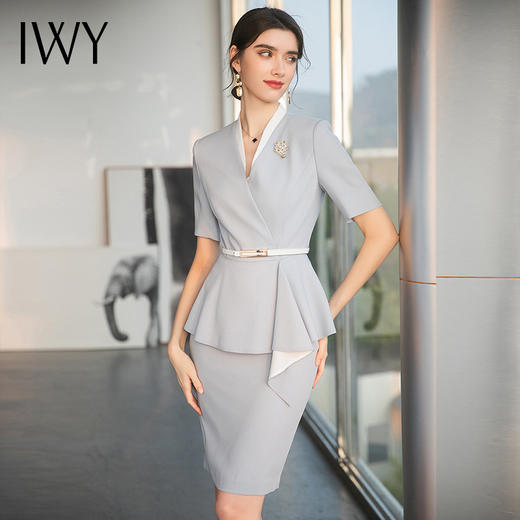 IWY/雾霾蓝色都市时尚设计感职业女士西装套装套裙工作服上班职业装CS1544 商品图4