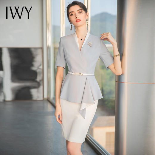 IWY/雾霾蓝色上衣白色半裙都市时尚设计感职业女士西装套装套裙工作服上班职业装C1544+S1542 商品图2