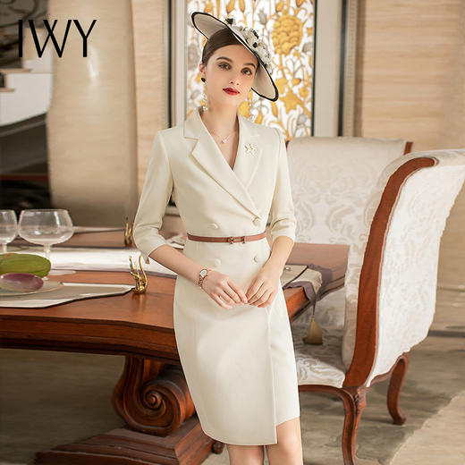 IWY/IWY杏色西装连衣裙七分袖医美服装职业裙子英伦风气质女神范工装Q676 商品图2