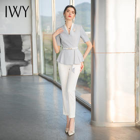 IWY/雾霾蓝色上衣白色西裤都市时尚设计感职业女士西装套装工作服上班职业装C1544+P1542