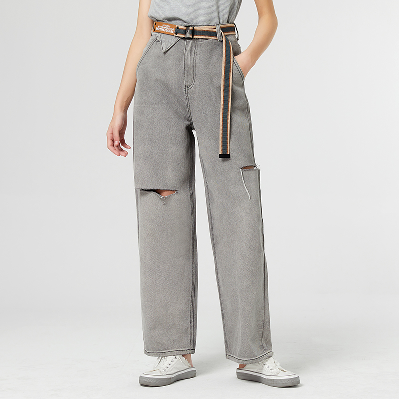 Famecoco范可儿灰色休闲破洞牛仔裤女直筒宽松阔腿裤夏季F223GA022