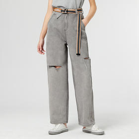 Famecoco范可儿灰色休闲破洞牛仔裤女新款直筒宽松阔腿裤夏季F223GA022