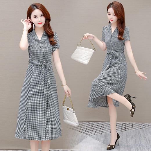 YWE 22A1259贵夫人格子连衣裙收腰显瘦气质裙 商品图3