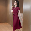 ASE-2320纯色真丝A字连衣裙新款气质V领系带收腰大摆裙女 商品缩略图3