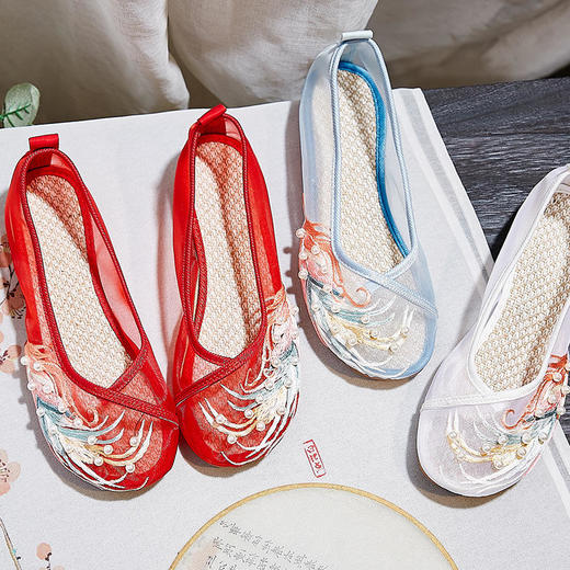 【网纱彩羽】古风圆头，镂空平底绣花鞋 YR 商品图1