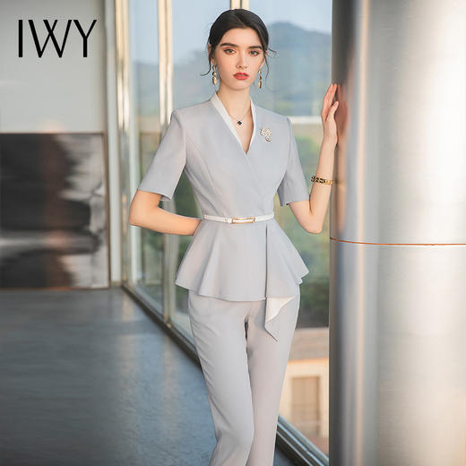 IWY/雾霾蓝色都市时尚设计感职业女士西装套装工作服上班职业装CP1544 商品图2