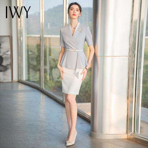 IWY/雾霾蓝色上衣白色半裙都市时尚设计感职业女士西装套装套裙工作服上班职业装C1544+S1542 商品图0