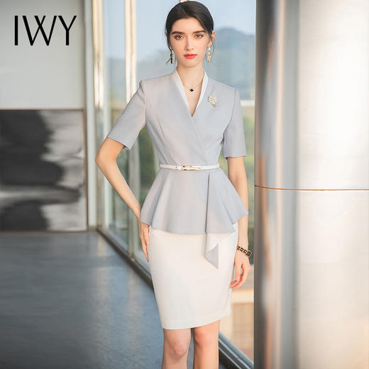 IWY/雾霾蓝色上衣白色半裙都市时尚设计感职业女士西装套装套裙工作服上班职业装C1544+S1542 商品图1