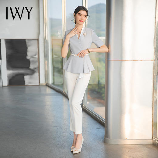 IWY/雾霾蓝色上衣白色西裤都市时尚设计感职业女士西装套装工作服上班职业装C1544+P1542 商品图2