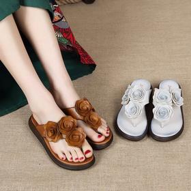 AL-新款民族风女拖鞋森系花朵厚底女鞋夏坡跟女式人字凉拖鞋