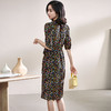 夏季新品碎花V领真丝开叉裙复古优雅短袖连衣裙 商品缩略图3