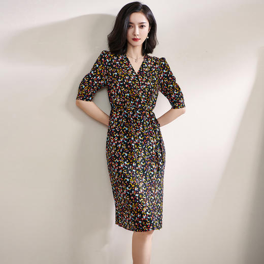 夏季新品碎花V领真丝开叉裙复古优雅短袖连衣裙 商品图2