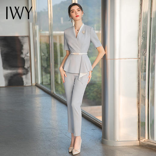 IWY/雾霾蓝色都市时尚设计感职业女士西装套装工作服上班职业装CP1544 商品图1