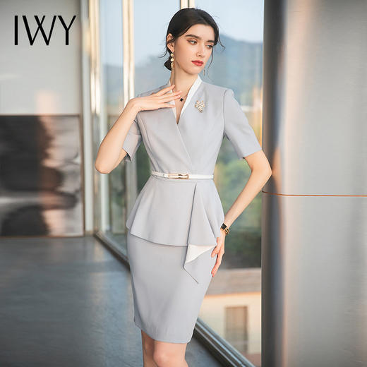 IWY/雾霾蓝色都市时尚设计感职业女士西装套装套裙工作服上班职业装CS1544 商品图1