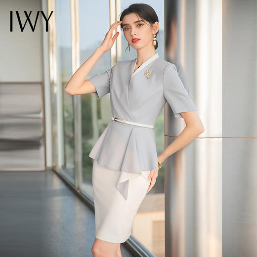 IWY/雾霾蓝色上衣白色半裙都市时尚设计感职业女士西装套装套裙工作服上班职业装C1544+S1542 商品图4