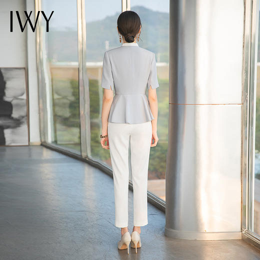 IWY/雾霾蓝色上衣白色西裤都市时尚设计感职业女士西装套装工作服上班职业装C1544+P1542 商品图3