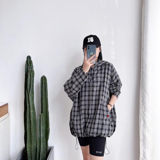 2021夏季新款格子连帽连衣裙女长袖抽绳 商品图1