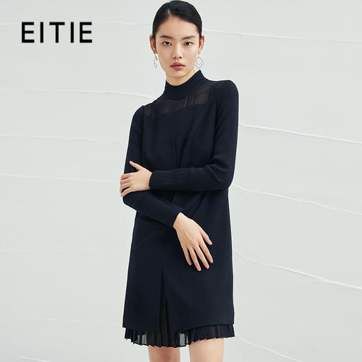 EITIE爱特爱女装冬季新款双层开叉拼接裙摆宽松半高领连衣裙5207951 商品图1