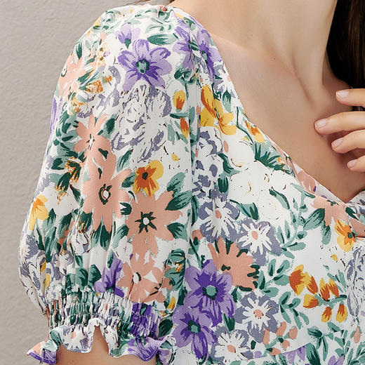 剩M/L 芳外印花醒肤色新款收腰印花减龄短袖A字连衣裙 商品图4