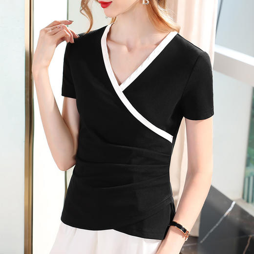 短袖t恤新款女装时髦撞色棉体恤气质交叉v领收腰上衣SG-T2X0079 商品图3