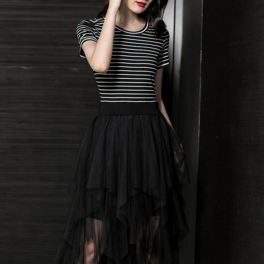芳外芳外优雅气质中长裙休闲时尚条纹网纱拼接假两件连衣裙 商品图2