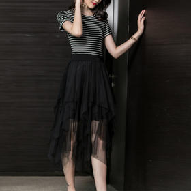 芳外芳外优雅气质中长裙休闲时尚条纹网纱拼接假两件连衣裙