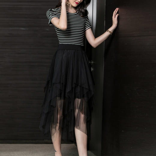 芳外芳外优雅气质中长裙休闲时尚条纹网纱拼接假两件连衣裙 商品图0