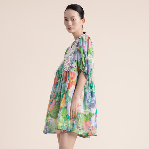 谜底连衣裙2022夏季苎麻透气高腰中长裙蝴蝶领花裙子222ML0589 商品图1